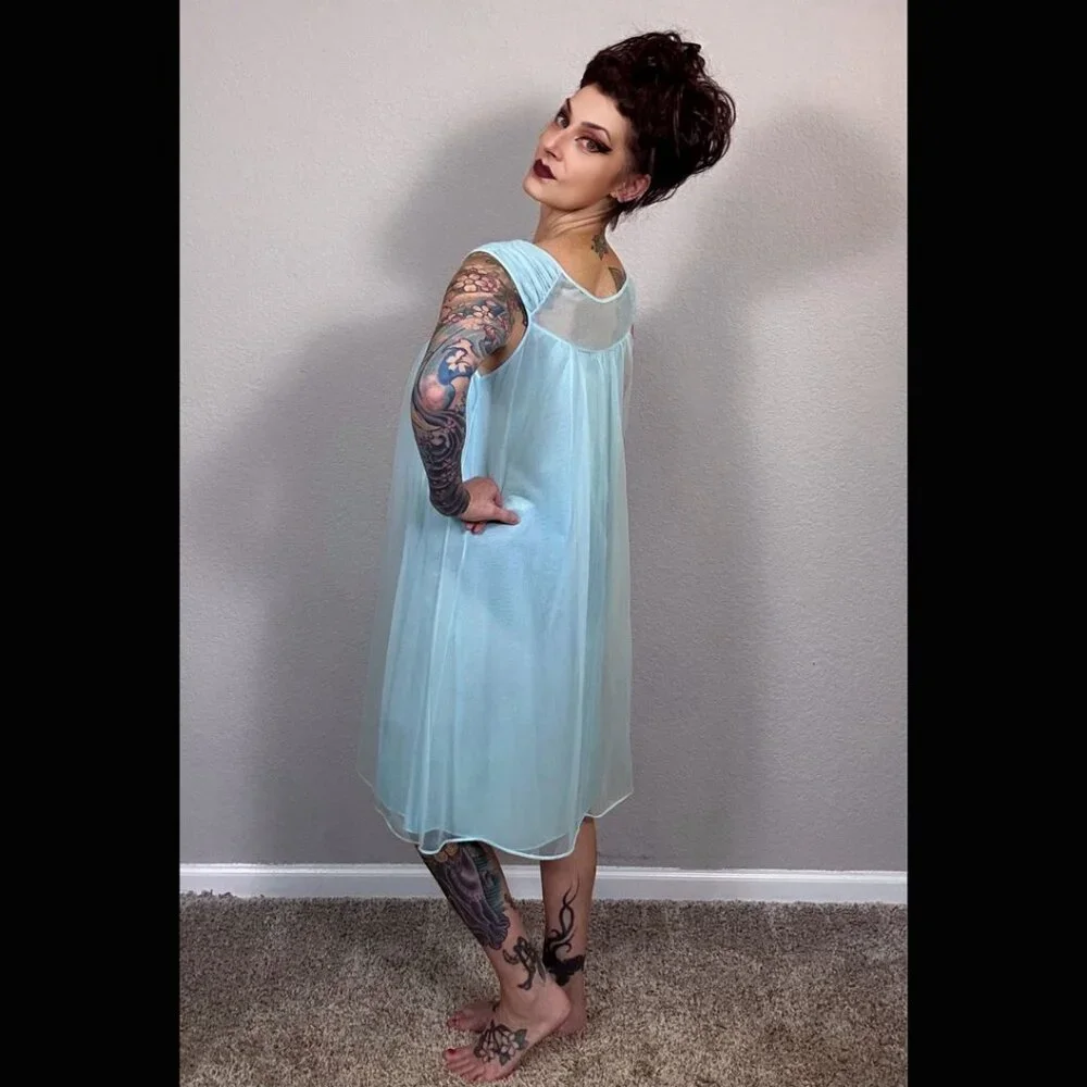 60s Bright Blue Babydoll Double Layer Lingerie Embroidered Floral Mod Pinup M L - Picture 12 of 15